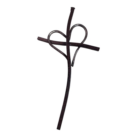 Heart Shaped Metal Wavy Cross Wall Decor 11" Bronze Art Religious Decor - Picture 3 of 5